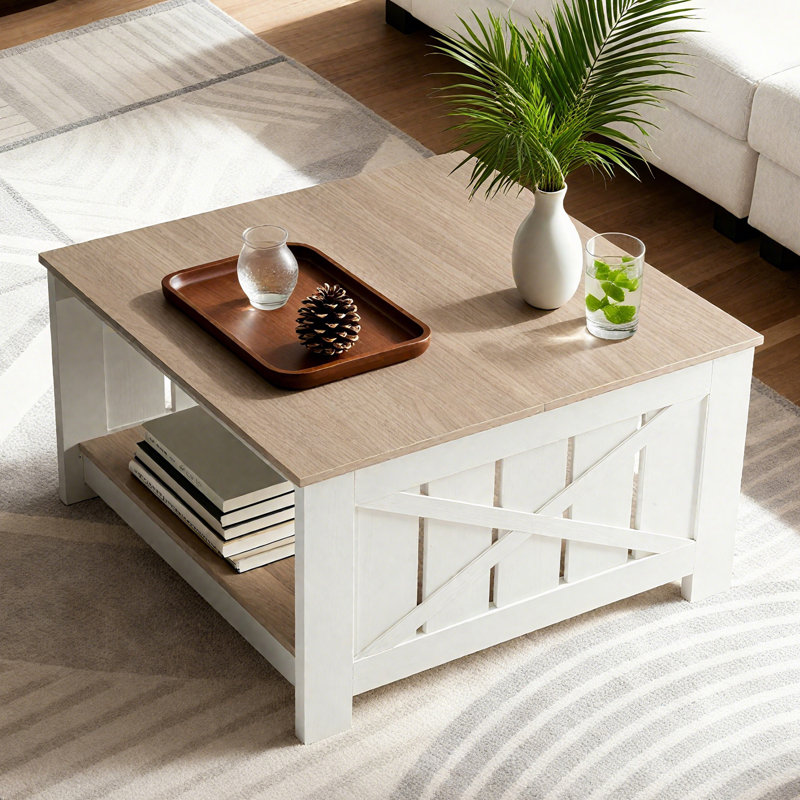 Square Coffee Table with Half Open Storage, Farmhouse Cocktail Table