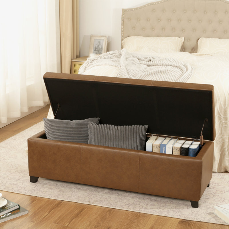46-Inch Faux Leather Storage Ottoman Bench, Yellow Brown