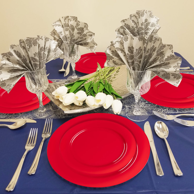 Ensemble de 120 couverts ronds jetables en plastique rouge uni, parfaits pour les fêtes.