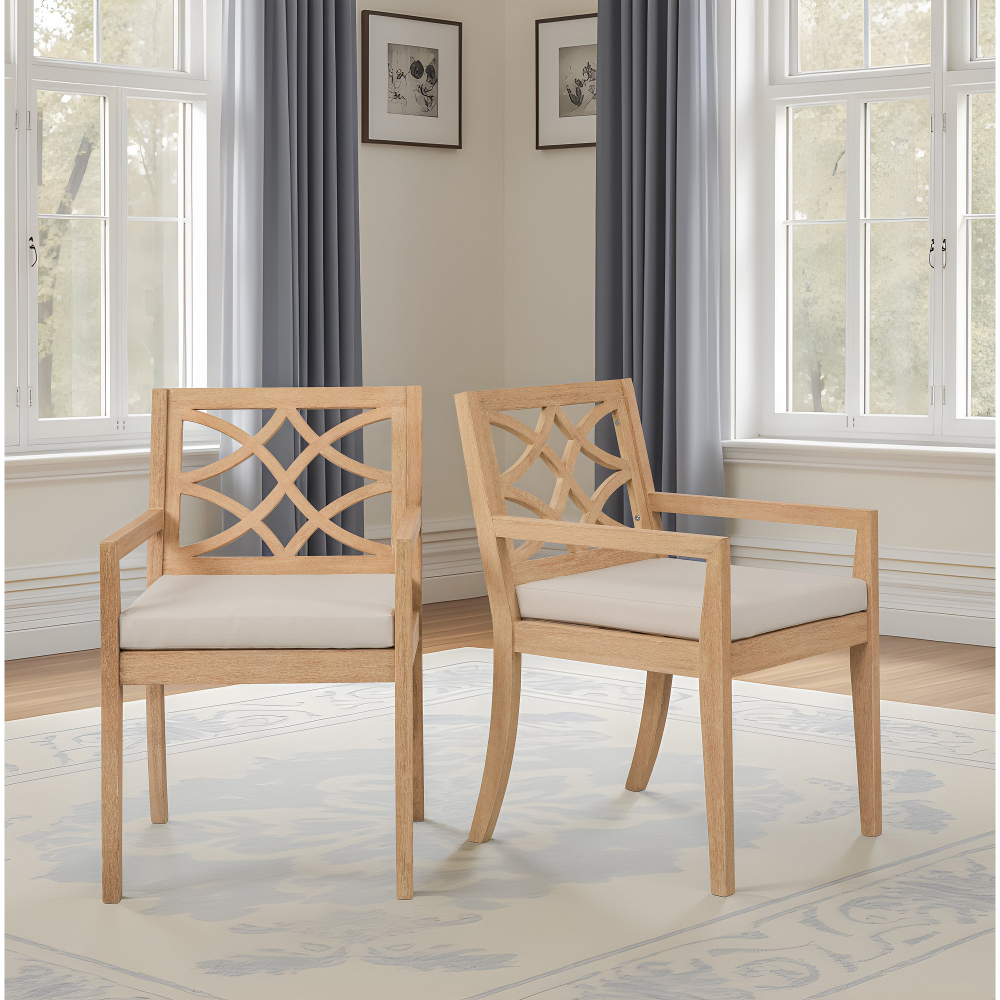 Morell Eucalyptus Patio Dining Chair with Cushion (Set of 2), Cream Cushion/Tan Frame