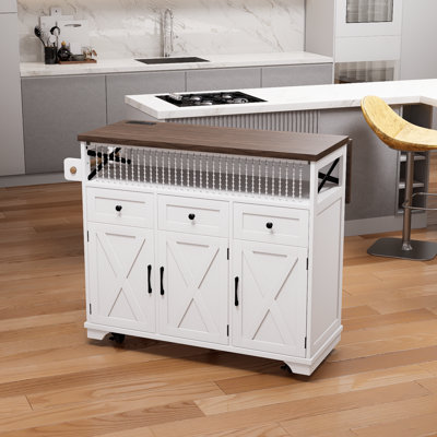 White Farmhouse Kitchen Island With Beaded Pendant, Electrical Outlet, Rolling Kitchen Cart With Drop Leaves, 3 Doors, 3 Drawers And Internal Iron Rack For Kitchen, Dining Room