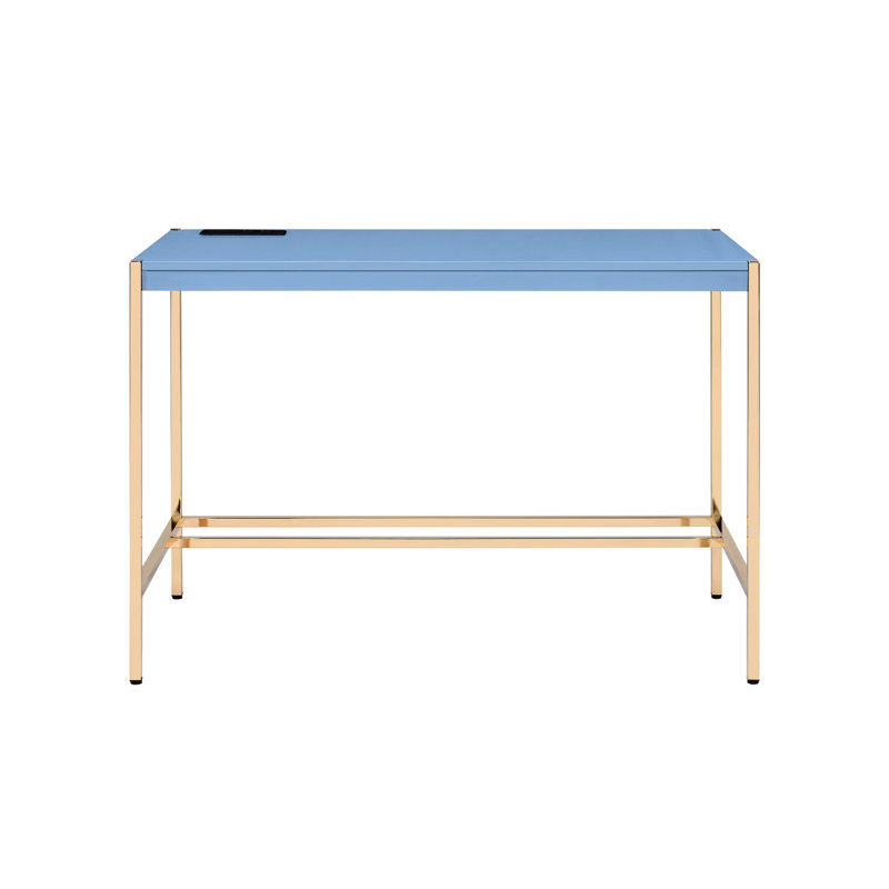 Navy Blue And Gold Office Desk With Ports Electrical Outlet Capabilities For Work Efficiency Enhancement Stylish Rectangular In Port Function