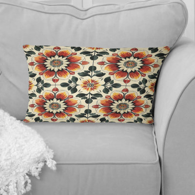 Red Orange Floral Tiles I - Tiles Lumbar Pillow