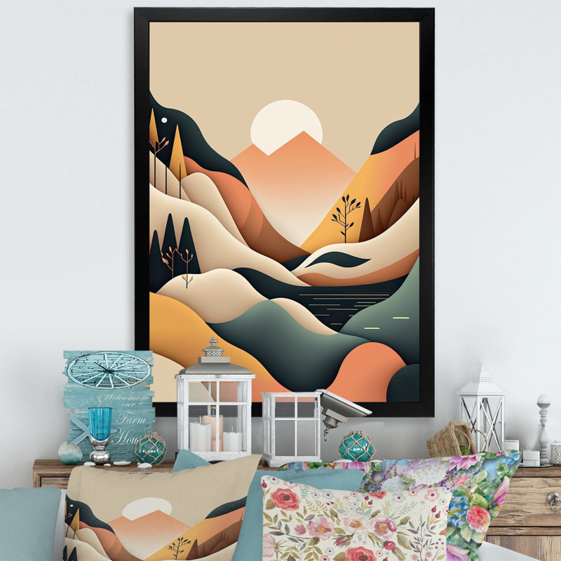 «White Moon In Graphic Mountains», reproduction sur toile, H 44 po x l 34 po x P 1,5 po, Impression noire sur toile encadrée