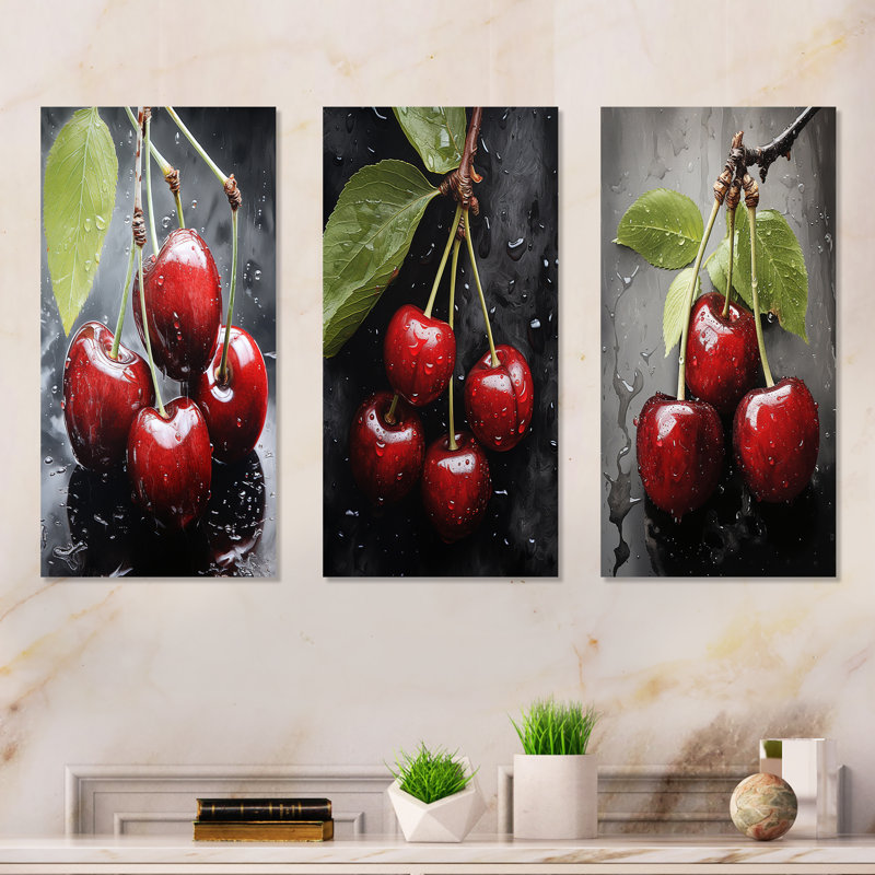 Charbon gris cerise Chaplin fruits - fruits, ensemble de 4 reproductions d'art mural, H 40 po x l 60 po, Toile tendue