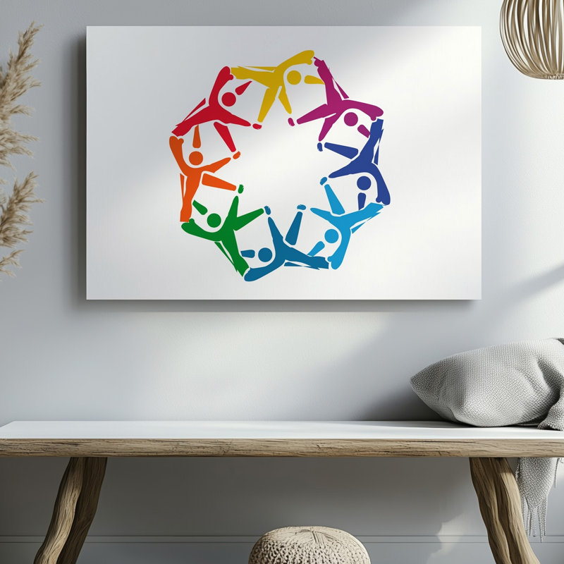 La toile crée une illustration circulaire vibrante mettant en vedette des personnages humains stylisés dans une variété de couleurs, y compris l'art mural sur toile rouge-orange