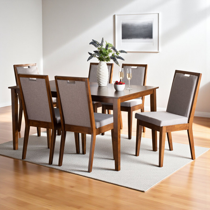 6 - Person Four Leg Dining Set, Walnut Brown, Gray/Walnut Brown