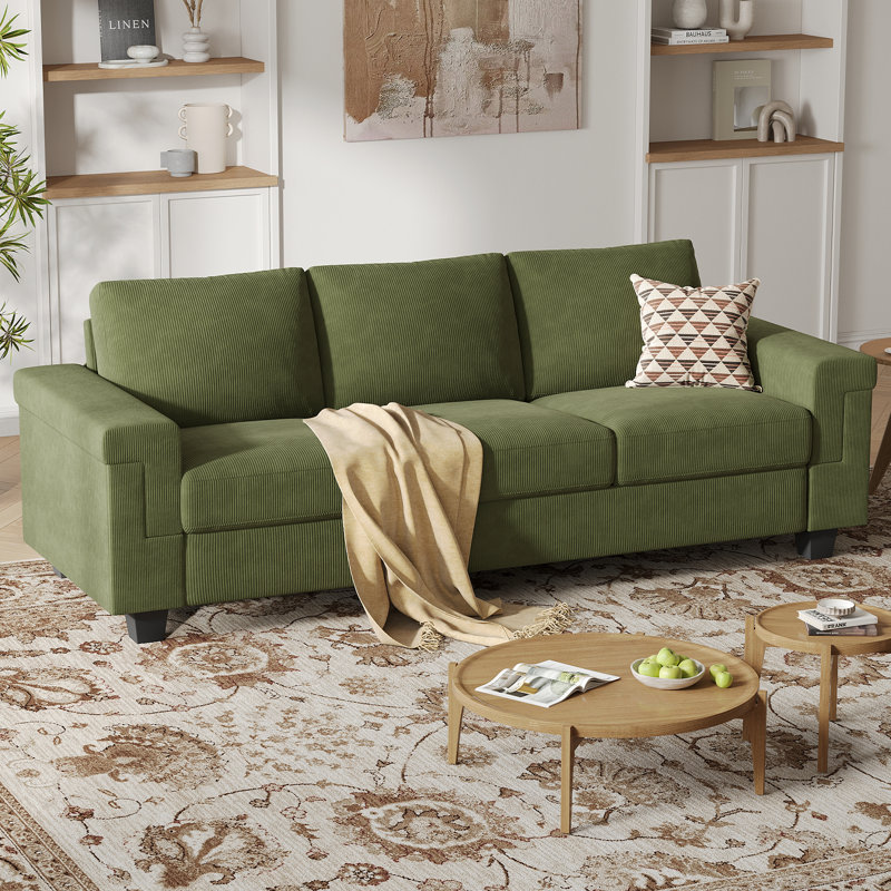 Canapé en polyester à accoudoirs carrés Dereon, H 32,7 po x l 90 po x P 35 po, Corduroy Green