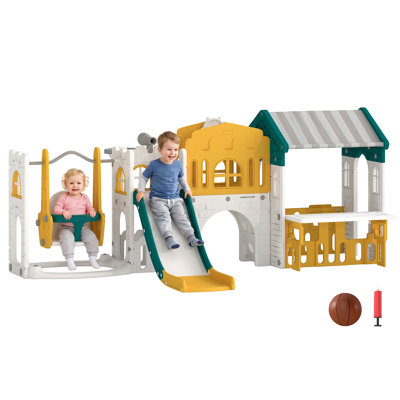 Ensemble de glissade et de balançoire 11 en 1 pour tout-petits avec maisonnette, aire de jeux intérieure pour enfants avec grimpeur, panier de basketball, planche à dessin, télescope, tunnel, volant, rangement pour 1-4 ans, jaune