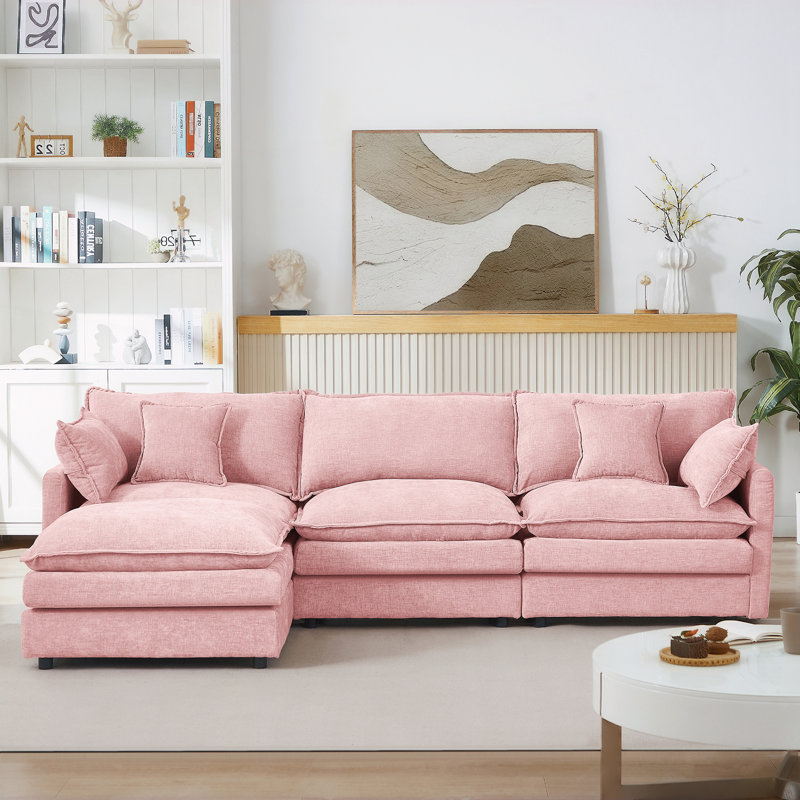 3-Seater Comfy Cloud Couches with Movable Ottoman, Pink