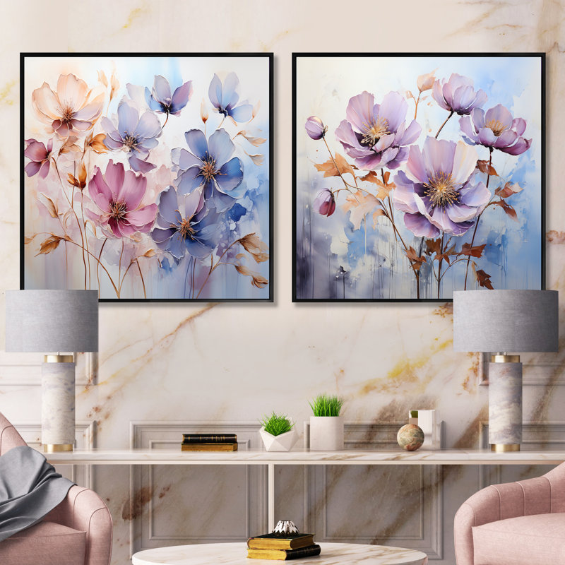 Mauve Botanical Serenade - Ensemble de 2 collages carrés botaniques abstraits, Cadre flottant noir, H 16 po x l 33 po
