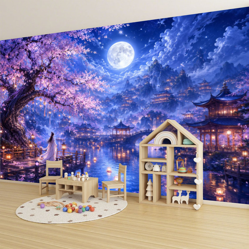 Papier peint adhésif pelez et collez, ville de fantaisie, pagodes, paysage de rivière réfléchissant, art mural auto-adhésif et amovible
