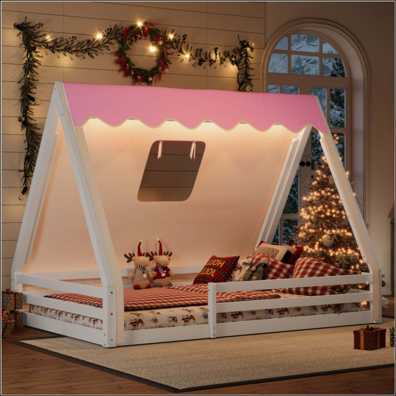 Lit de maison avec tente et lit de camp, Double, Blanc / Rose