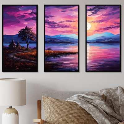 Minimalisme coucher de soleil sur un lac mauve - art mural minimaliste côtier