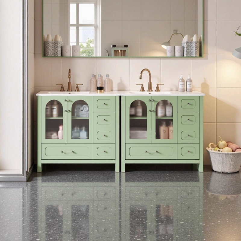 Meuble-lavabo 72 po avec lavabo double 72 po, 8 tiroirs, 4 portes à fermeture douce et portes en verre texturé gaufré vert moderne