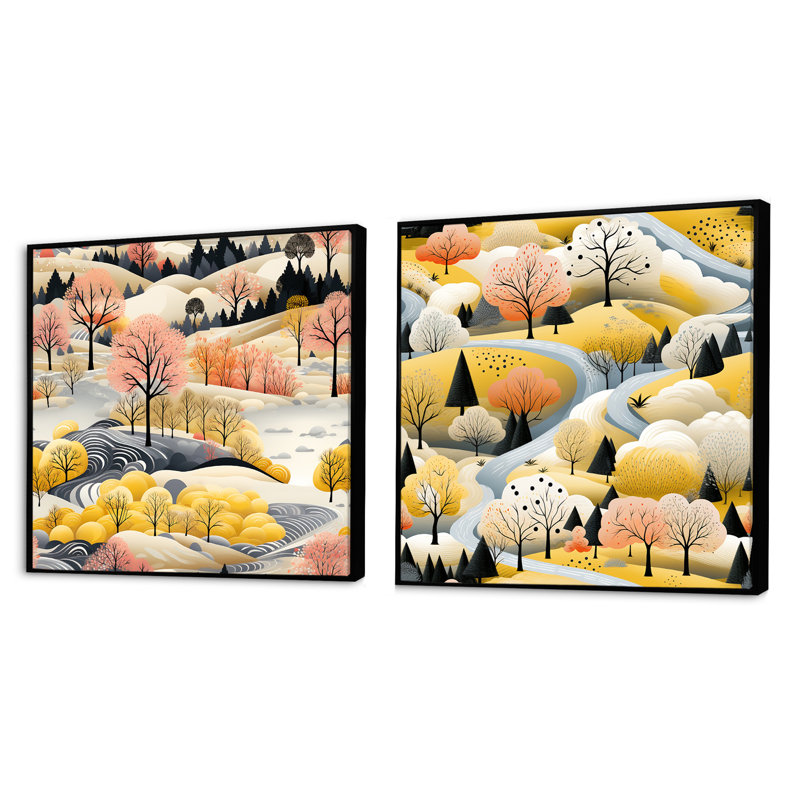 Paysage d'automne à motif scandinave VI - ensemble de collage de paysage carré de 2, Cadre flottant noir, H 16 po x l 33 po