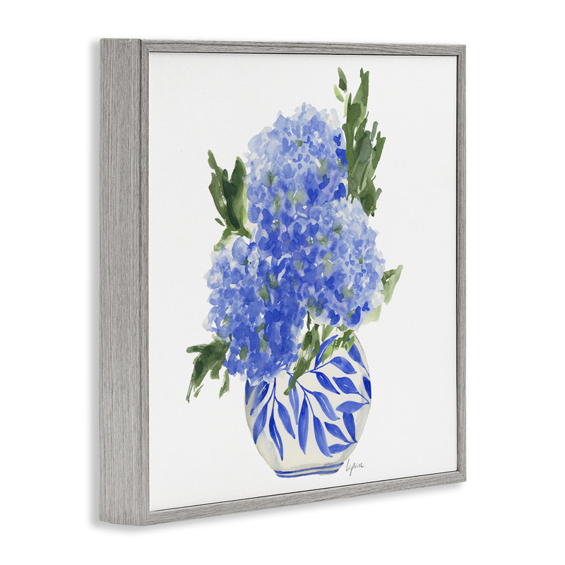 Hortensias bleus dans un vase à feuilles, estampe numérique, conception de Lucille Price, H 12 po x l 12 po