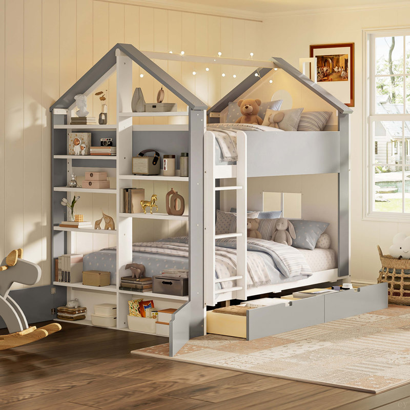 Lit superposé double avec tiroirs et tablettes de rangement, lit superposé moderne en bois à deux tons avec bande lumineuse, mobilier de chambre peu encombrant
