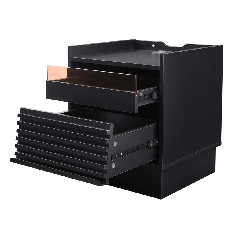 Black Mid-Century Nightstand, 2-Drawer Bedside End Table With USB Charging Station & Built-In LED Lights, Black