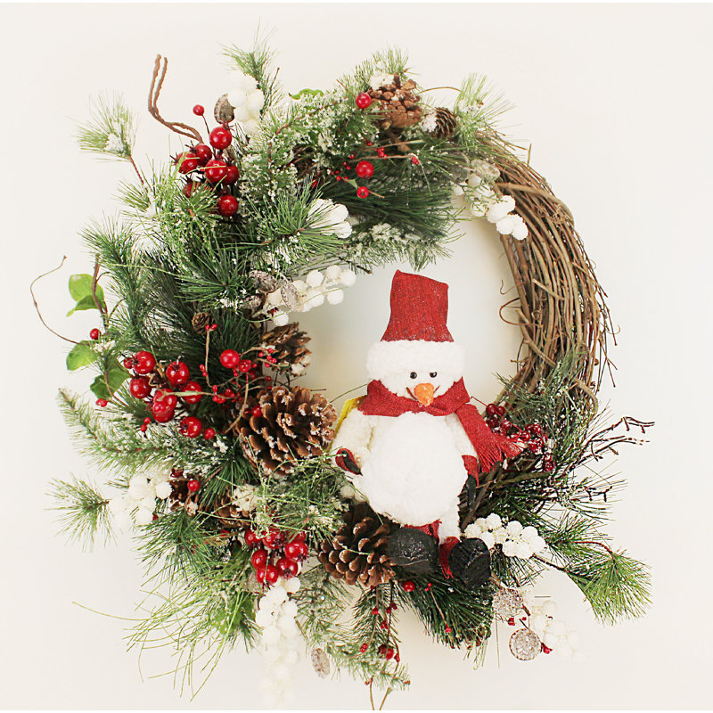 Couronne de soie 22 po bonhomme de neige et baies