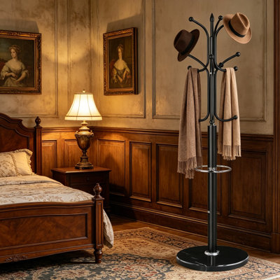 Portemanteau en métal, portemanteau autoportant moderne avec base en marbre naturel et porte-parapluie, portemanteau robuste à 12 crochets pour sacs, chapeaux, vestes, vestibule, bureau