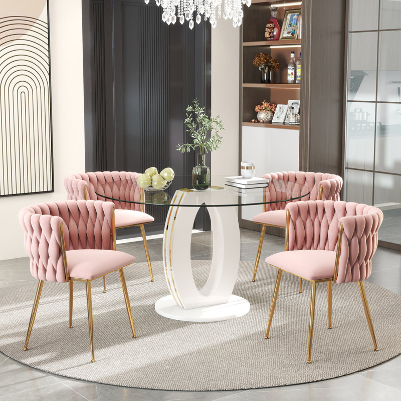 Modern Round Tempered Glass Pedestal Dining Set with Velvet Woven Dininig Chair, Pink/Gold, White/Gold