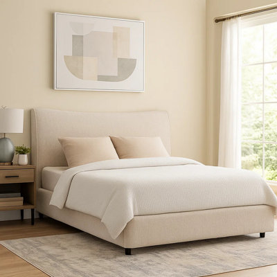 Rery Queen Size Bed, Beige Chenille Padded Upholstery, Low Profile Platform