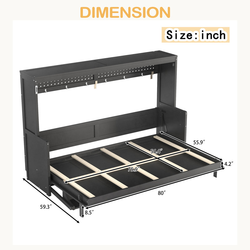Lit escamotable avec bureau, station de charge USB, lumières DEL, Lit double, Gris foncé