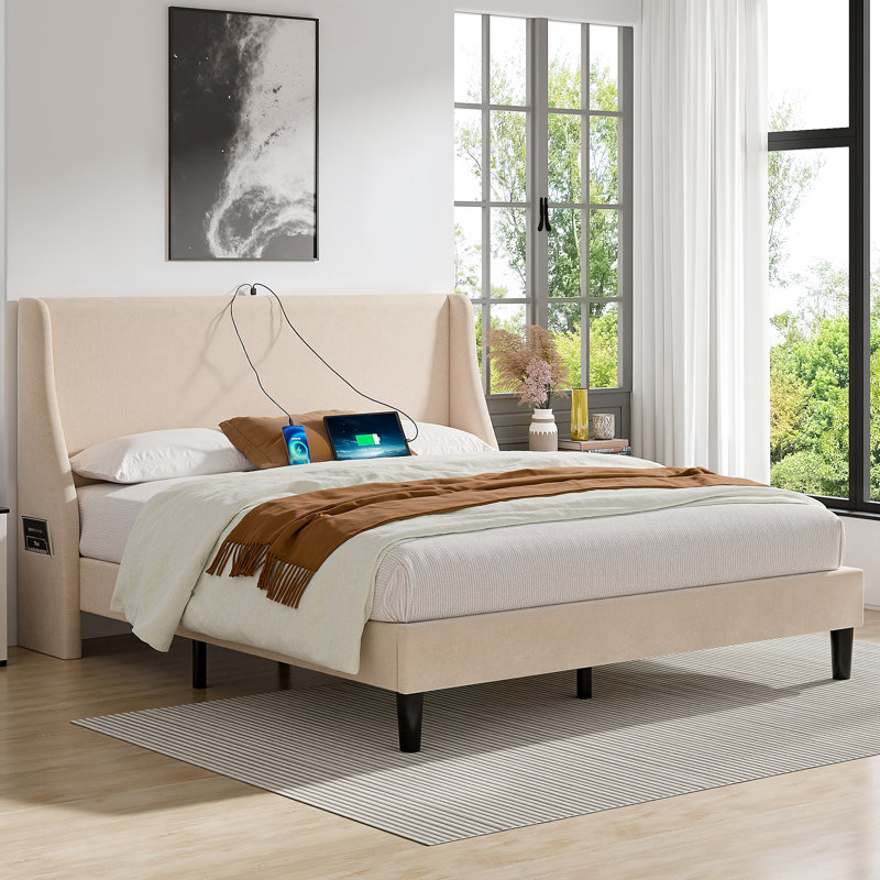 Tiro Upholstered Platform Bed with Wingback Storage Headboard and Side Pockets, Bed Frame with Charging Station, Type-C & USB Ports
