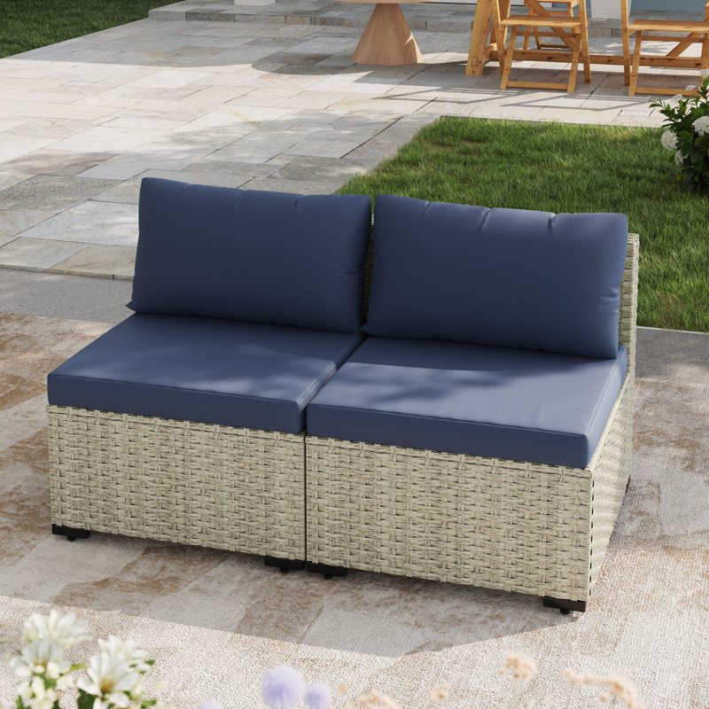 2 Pieces Rattan Patio Sofa With Cushions, Navy