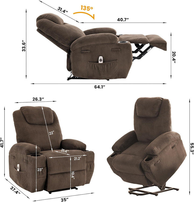 Electric Power Lift Recliner Chair for Elderly with Massage & Heat, Side Pockets & Cup Holders, Brown