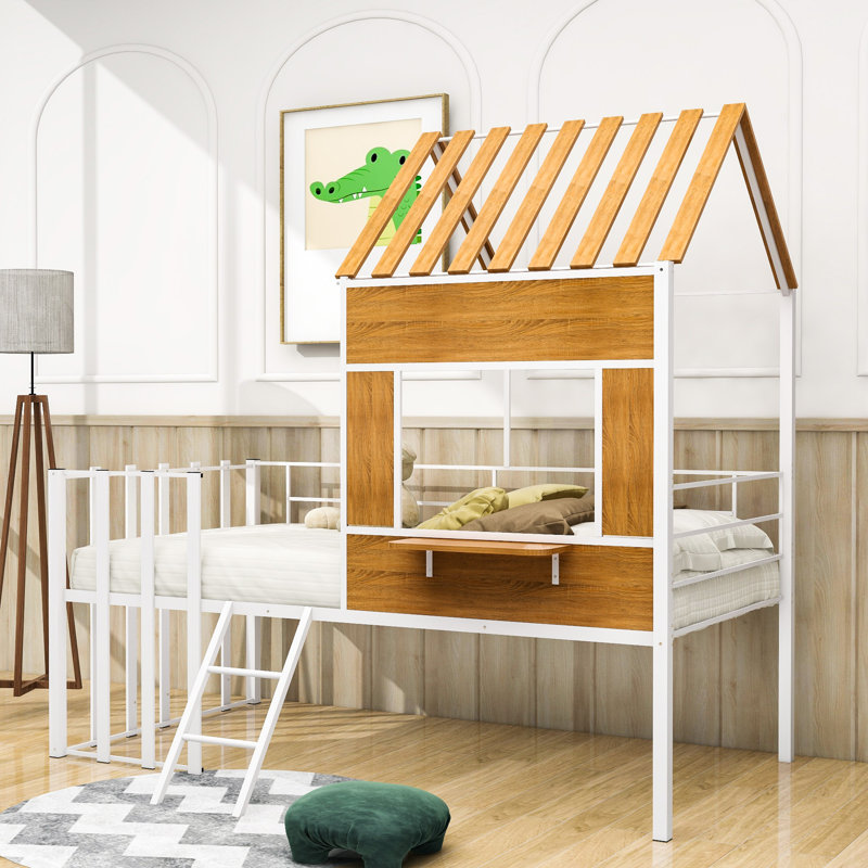 Mcenroe Twin Size Metal House Loft Bed, White