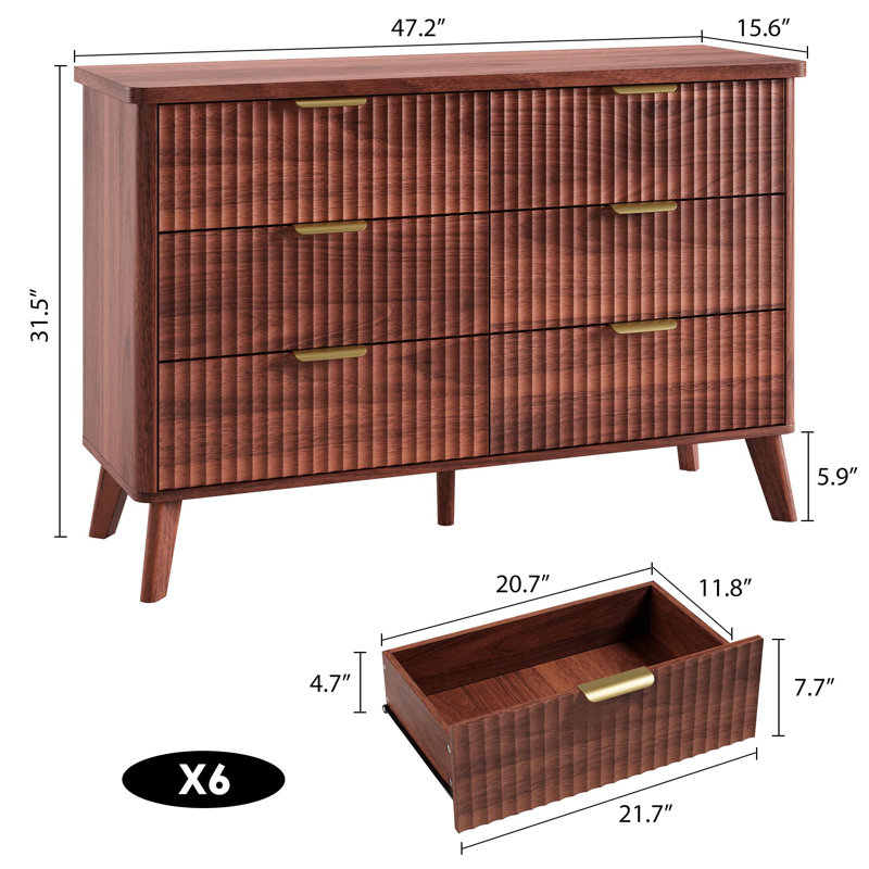 Fluted 6 Drawer Dresser, Curved Profile Design 47.2" Wide Wooden Chest & TV Stand for Bedroom Living Room, Walnut