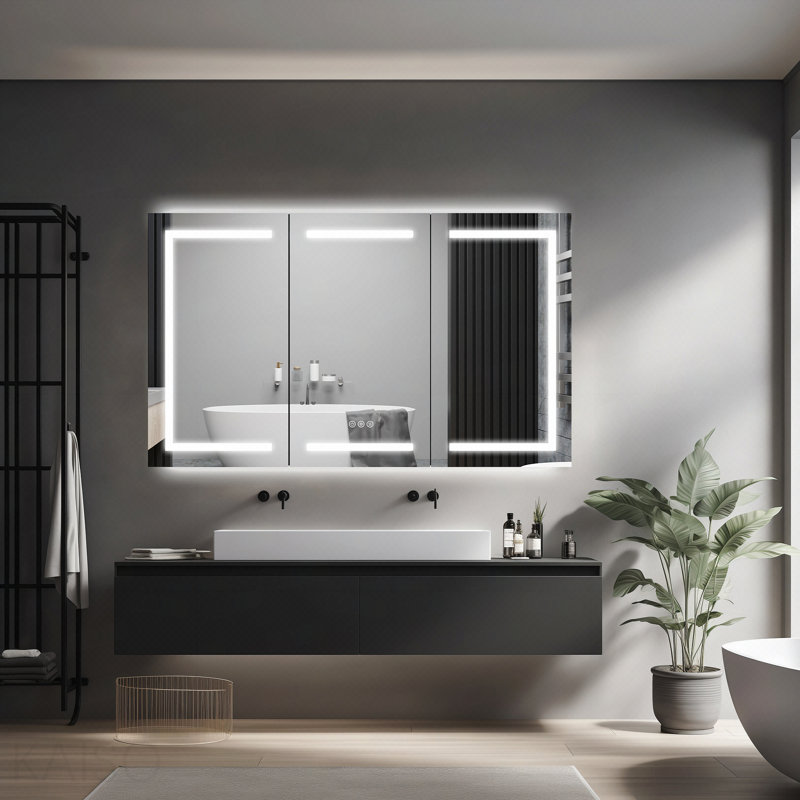 Armoire à pharmacie 60 po x 36 po à DEL avec miroir, douilles et tablettes en verre réglables, à intensité variable, anti-buée