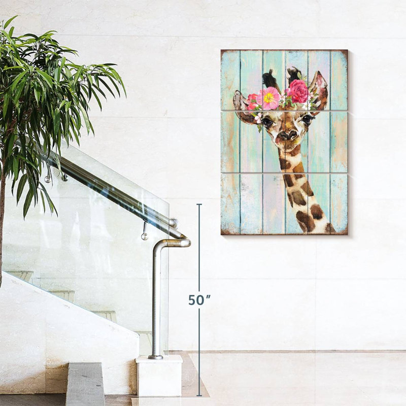 Girafe, couronne florale sur toile 3 pièces par Daisy A, H 57 po x l 36 po x P 1,25 po