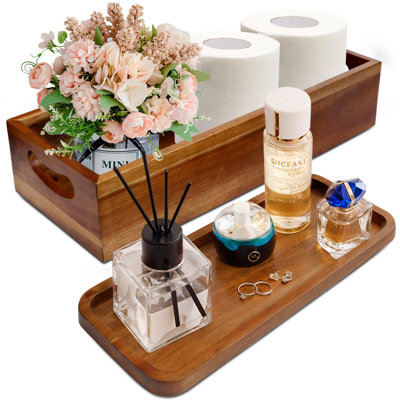 Ensemble de panier de toilette et plateau de coiffeuse, organisateur en bois d'acacia naturel 2 pièces (noir)