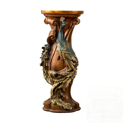 Peacock Carved Decorative Pedestal Stand, Resin Faux Wood Plant Display Column, Vintage Artistic Accent Table for Vases, Figurines & Home Decor in Living Room & Entryway