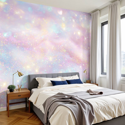 Peel and Stick Wallpaper 96" W x 69" H Modern Self Adhesive Wall Mural for Bedroom Holographic iridescent rainbow color glitter shiny seamless textured