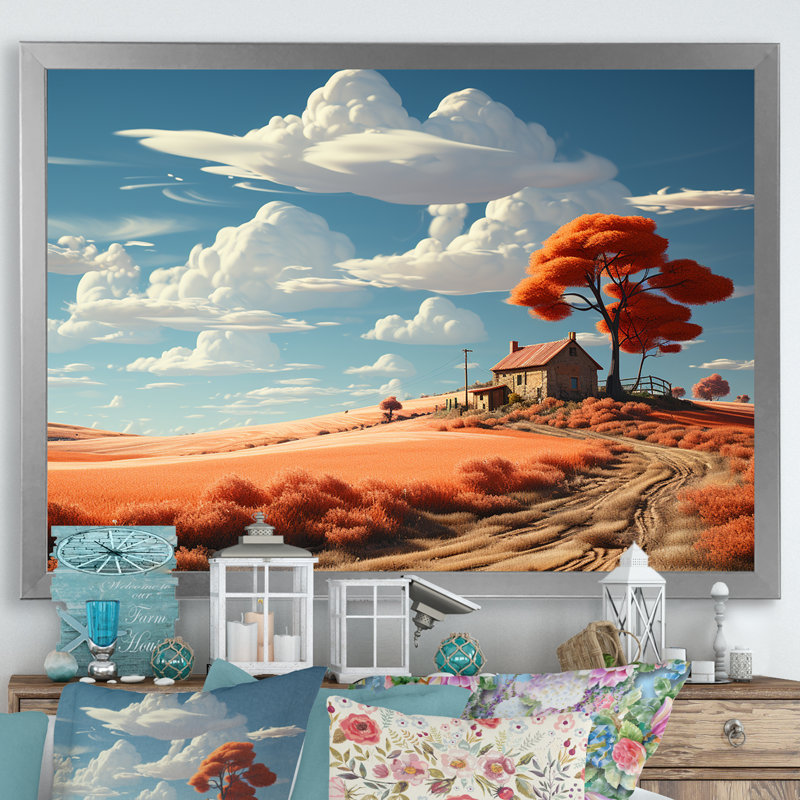 Dreamy Farm Hues Landscape, Cadre simple argenté, H 16 po x l 32 po x P 1 po