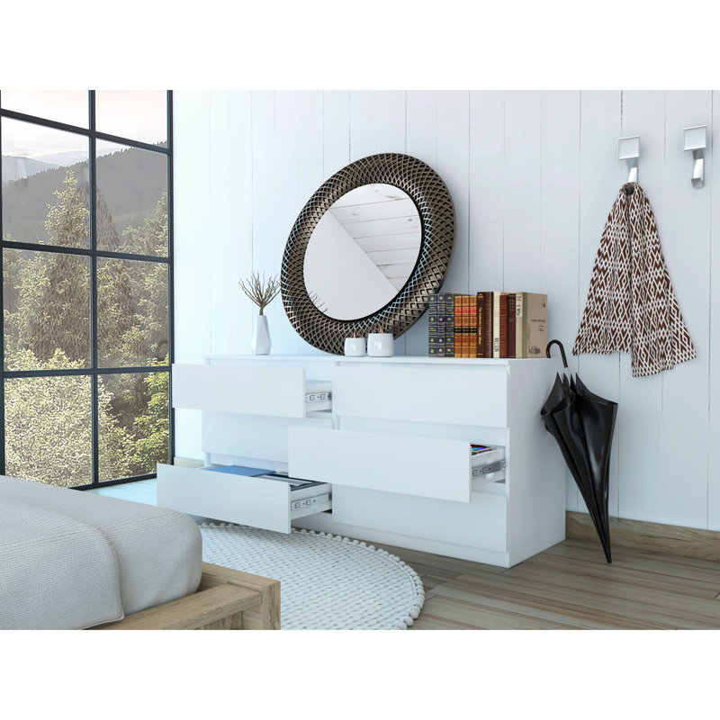 Commode double 6 tiroirs Asteria, poignées en métal - Blanc, Blanc