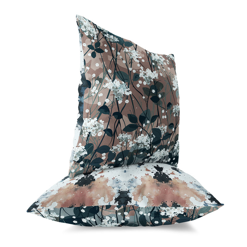 Coussin décoratif encre et feuille, H 18 po x l 18 po, Bleu / mauve