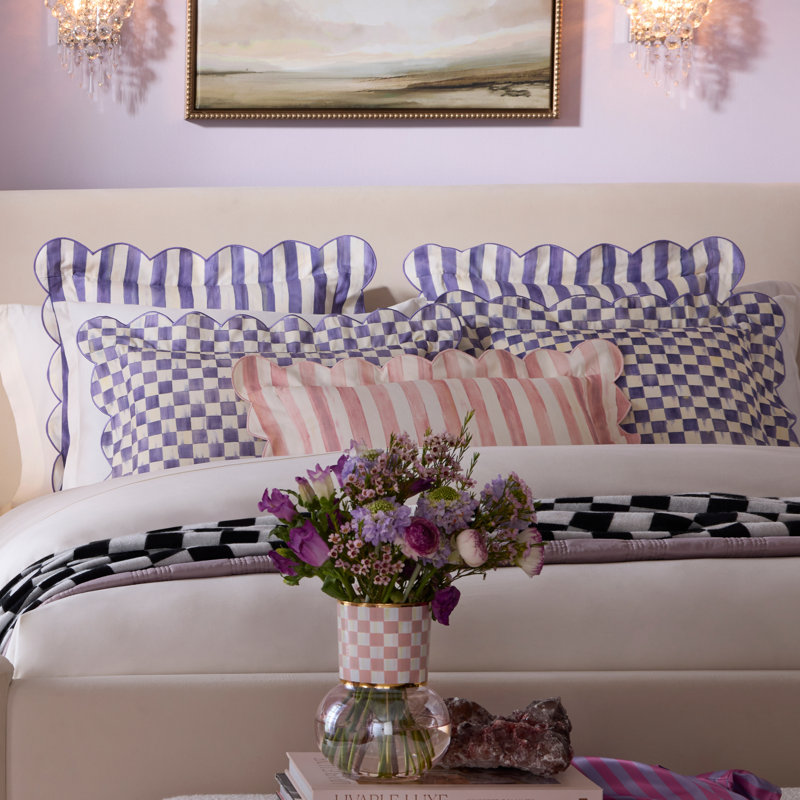 Violet Check Reversible Scalloped Pillow, Square 20"