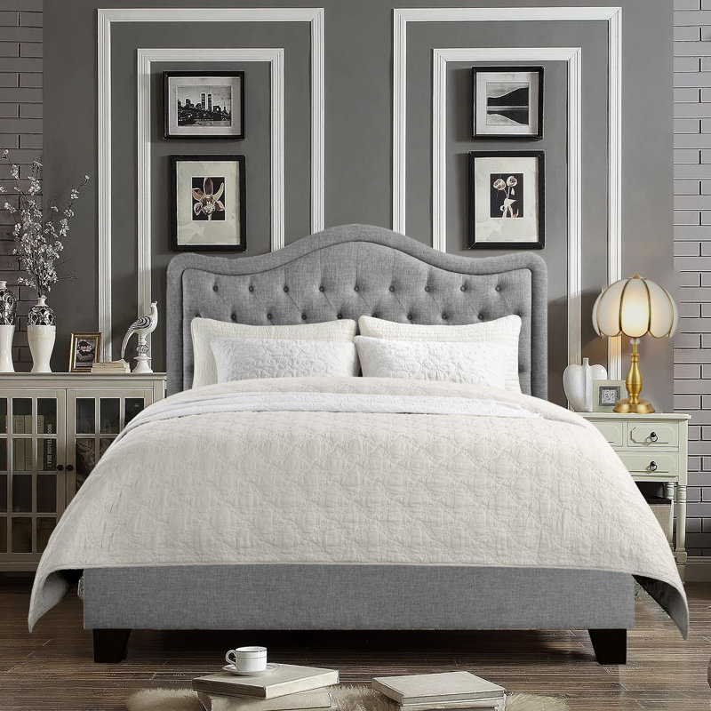 Betancur Upholstered Unfinished Slat Bed with Adjustable Headboar, Button Tufted Platform Bed, Full, Grey
