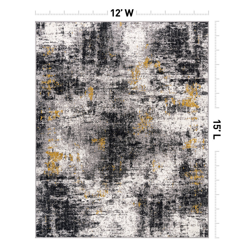 Abstract Yellow/Black/Gray Area Rug, Rectangle 12' x 15'