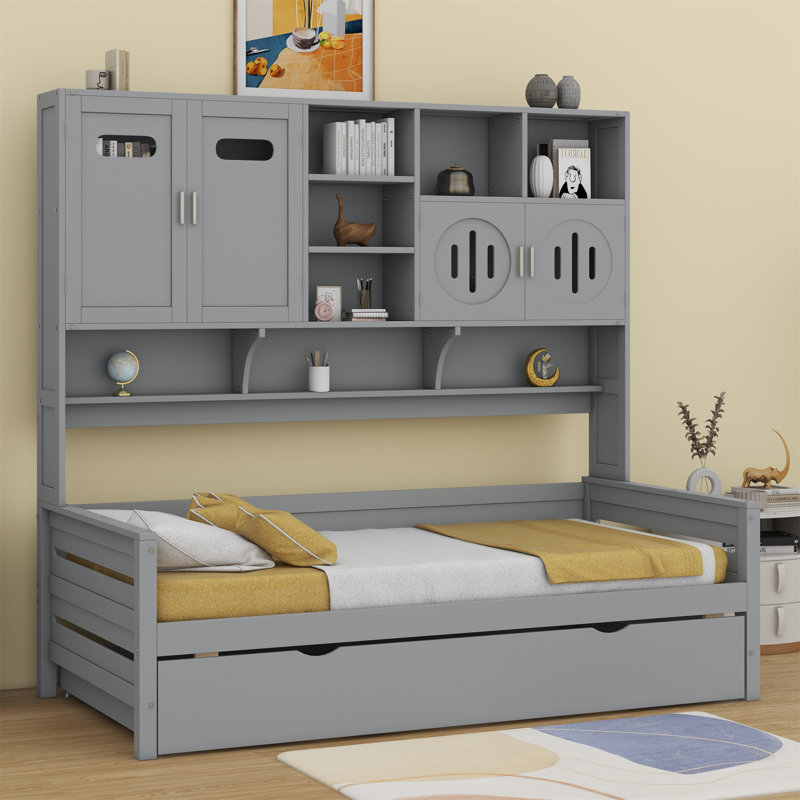 Wooden Daybed With Trundle,All-In-One Cabinet And Shelf, Gray, Twin