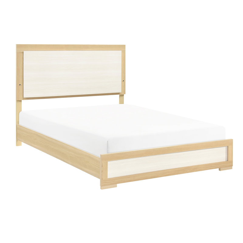 Grand lit, contemporain, lit à panneau, tête de lit à DEL, finition naturelle et blanche, bois, stratifié, mobilier de chambre, sommier tapissier, utilisation