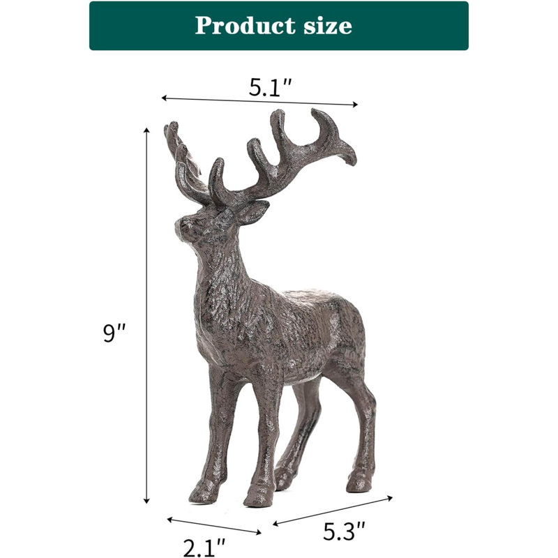 Statue de cerf en fonte, figurine de renne de Noël, sculpture de décoration rustique d'élan rustique brun debout sur une tablette intérieure