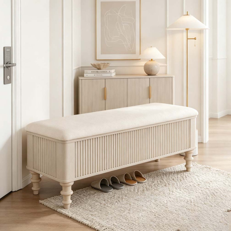 Banc de rangement avec repose-pieds en bois d'hévéa massif de 50,8 pouces avec siège en lin, Beige