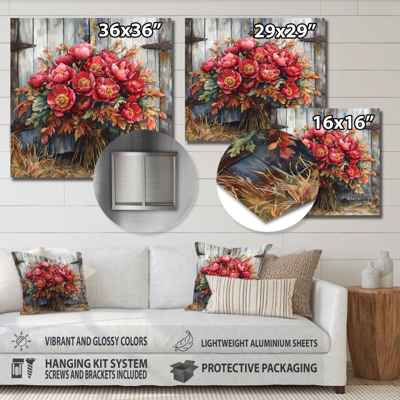 Rustique charme pivoine Bouquet - impression d'art en métal traditionnel, pivoines en métal, H 16 po x l 16 po