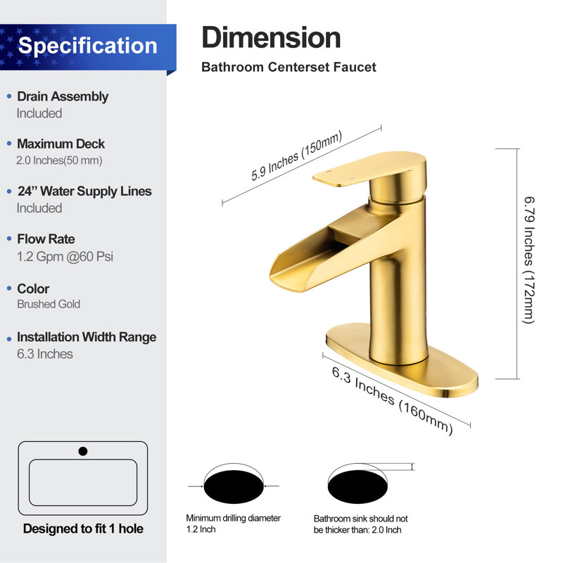 Single Hole Bathroom Faucet with Drain Assembly, Brushed Gold
